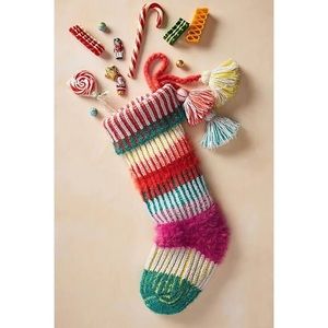 ANTHROPOLOGIE Piper Stocking Gift Colorful Bright Pom Christmas Striped Tinsel